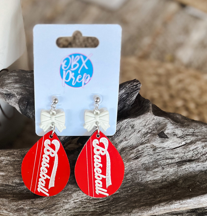 Hand-Painted "Baseball" Teardrop Coquette Bow  Earrings in Custom Team Colors 