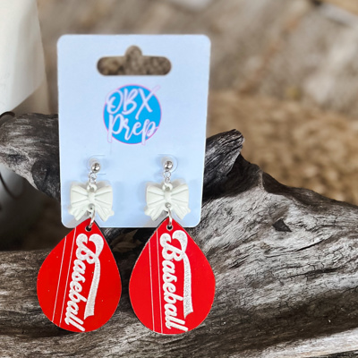 Hand-Painted "Baseball" Teardrop Coquette Bow  Earrings in Custom Team Colors 