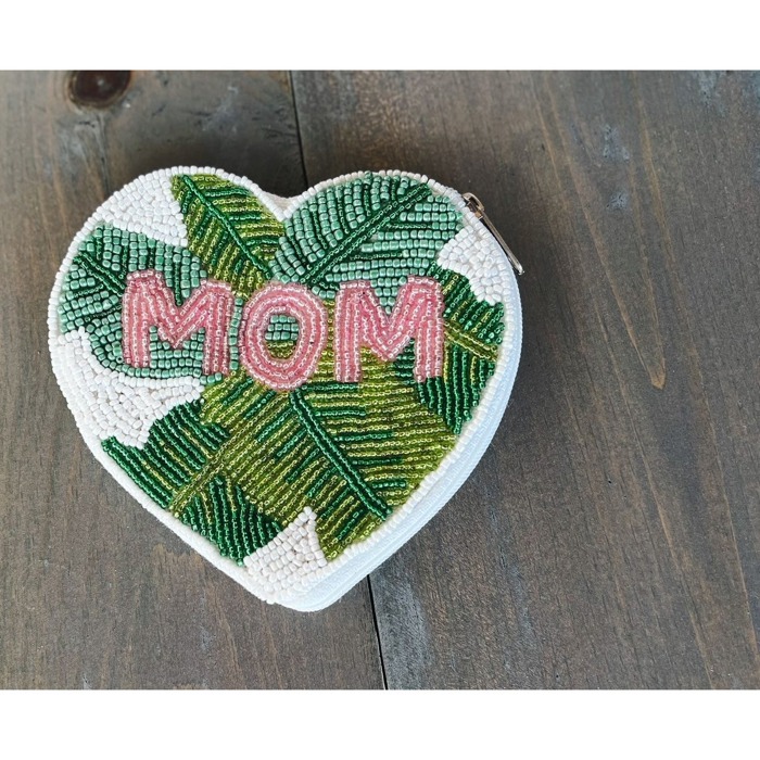 Mom Palm Heart Shaped Seed Beaded Coin Purse