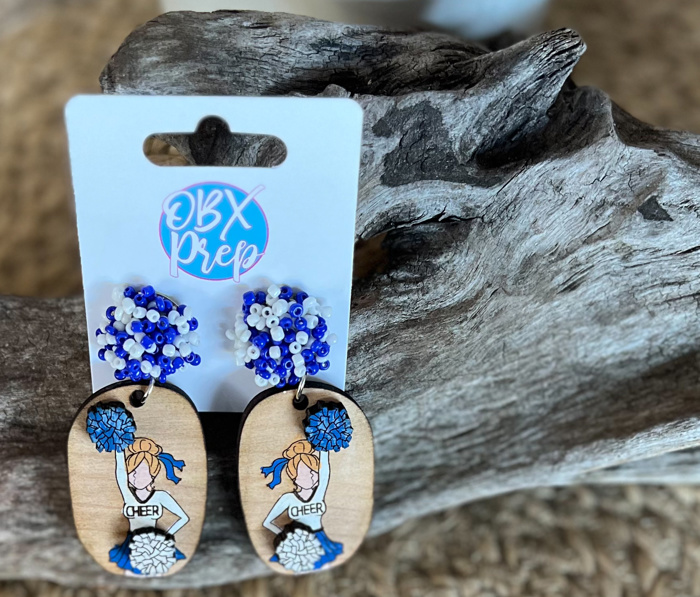 Custom Hand-Painted 3D Cheerleader Wood Earrings with Seed Bead Toppers