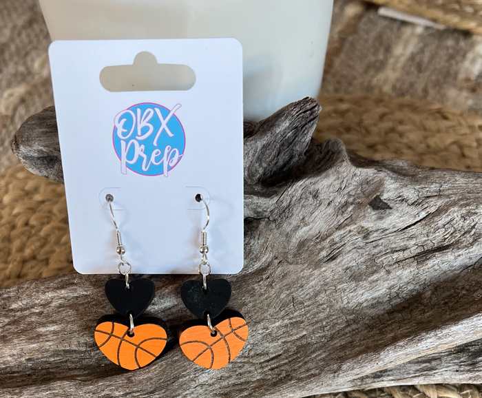 Hand-Painted Wood Heart Basketball Earrings with Customizable Top Heart - Unique Valentine's Day Gifts