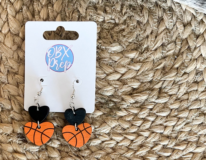 Hand-Painted Wood Heart Basketball Earrings with Customizable Top Heart - Unique Valentine's Day Gifts