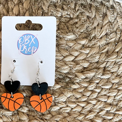 Hand-Painted Wood Heart Basketball Earrings with Customizable Top Heart - Unique Valentine's Day Gifts