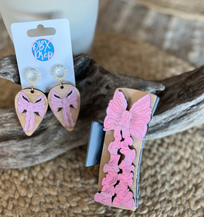 Hand-Painted Pink Bow Teardrop Wood Earrings with Faux Pearl Stud Toppers - Valentine's Day Unique Gifts 1/13- 1/19th