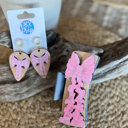  Hand-Painted Pink Bow Teardrop Wood Earrings with Faux Pearl Stud Toppers 