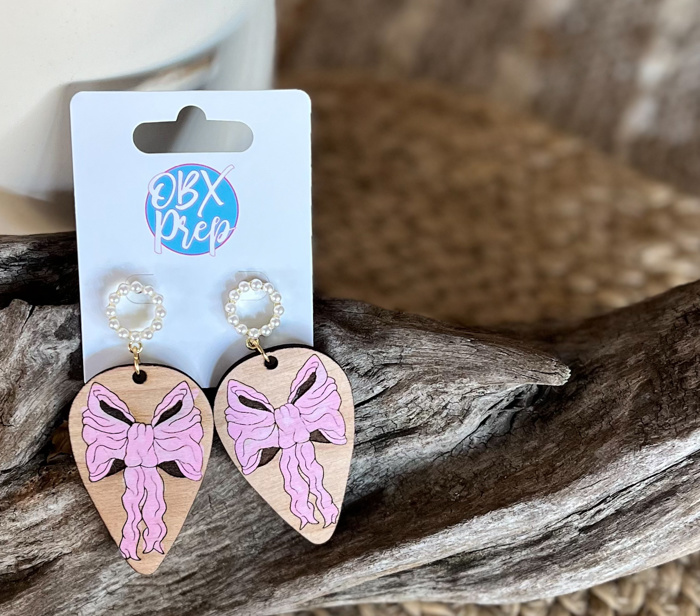 Hand-Painted Pink Bow Teardrop Wood Earrings with Faux Pearl Stud Toppers 