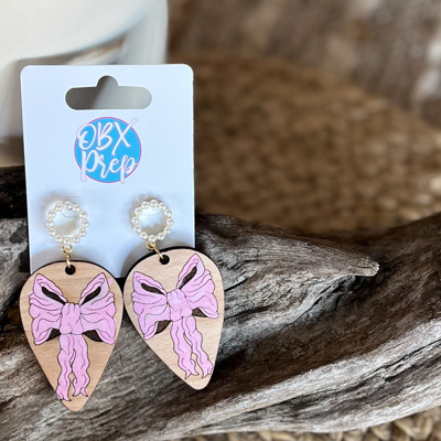 Hand-Painted Pink Bow Teardrop Wood Earrings with Faux Pearl Stud Toppers - Valentine's Day Unique Gifts 1/13- 1/19th