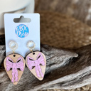  Hand-Painted Pink Bow Teardrop Wood Earrings with Faux Pearl Stud Toppers 