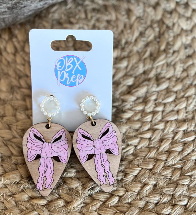 Hand-Painted Pink Bow Teardrop Wood Earrings with Faux Pearl Stud Toppers 