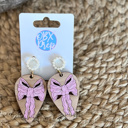  Hand-Painted Pink Bow Teardrop Wood Earrings with Faux Pearl Stud Toppers - Valentine's Day Unique Gifts 1/13- 1/19th