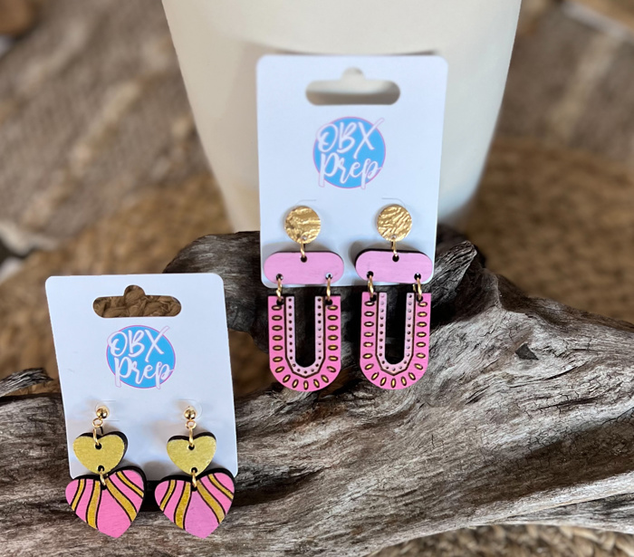 Hand-Painted Fuchsia Heart Earrings with Gold Metallic Stripes