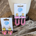  Hand-Painted Fuchsia Heart Earrings with Gold Metallic Stripes