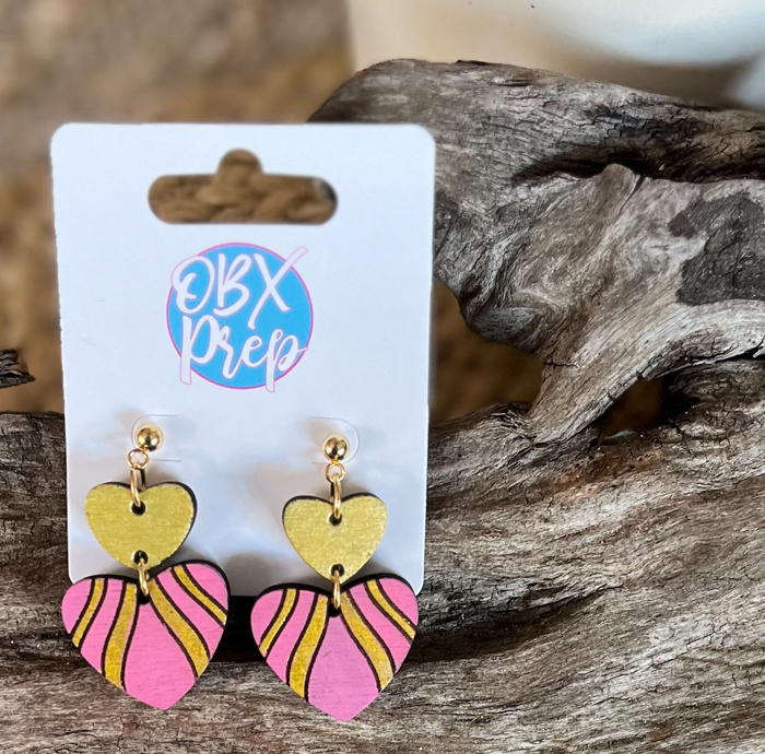 Hand-Painted Fuchsia Heart Earrings with Gold Metallic Stripes