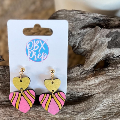 Hand-Painted Fuchsia Heart Earrings with Gold Metallic Stripes