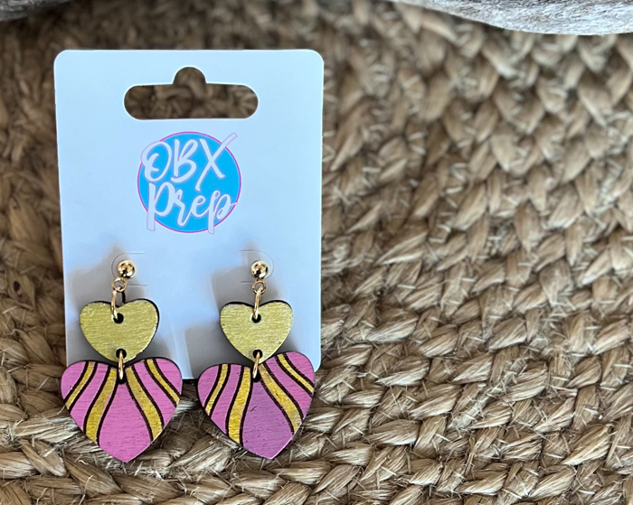 Hand-Painted Fuchsia Heart Earrings with Gold Metallic Stripes