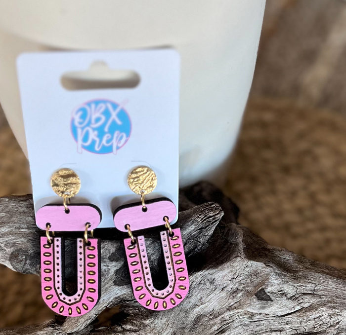 Hand-Painted Hot Pink and Gold Tribal Pattern Wood Earrings - Valentine's Day Unique Gifts 1/13-1/19th