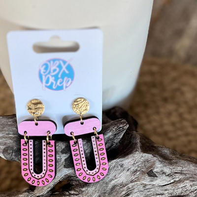 Hand-Painted Hot Pink and Gold Tribal Pattern Wood Earrings - Valentine's Day Unique Gifts 1/13-1/19th