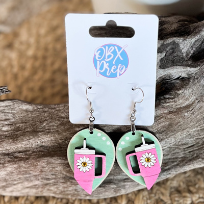 Hand-Painted Pink Tumbler Wood Earrings with Daisy and Rhinestone Detail