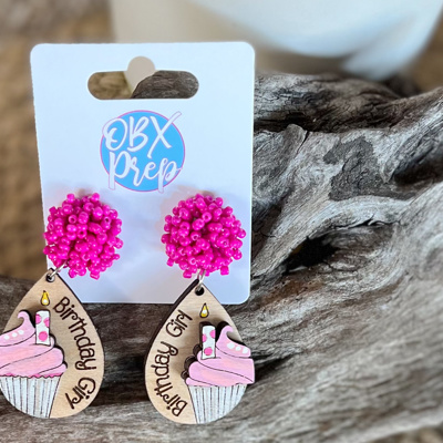 Hand-Painted "Birthday Girl" Cupcake Earrings with Fuchsia Seed Beaded Stud Toppers