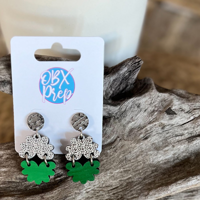 Hand-Painted Floral-Shaped St. Patrick's Day Wood Earrings with Polka Dot and Green Design