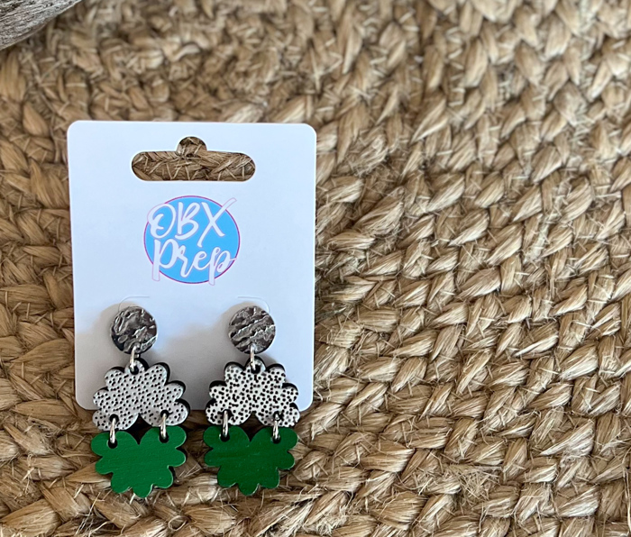 Hand-Painted Floral-Shaped St. Patrick's Day Wood Earrings with Polka Dot and Green Design