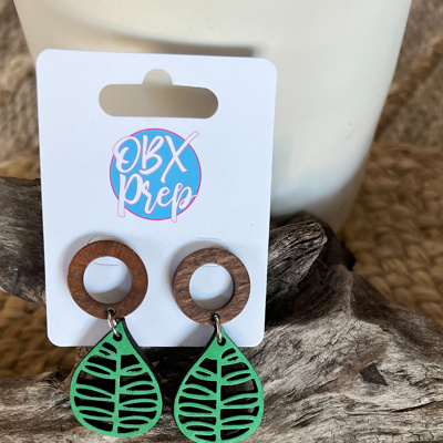 Hand-Painted Green Leaf Earrings with Hollow Circle Stud Toppers