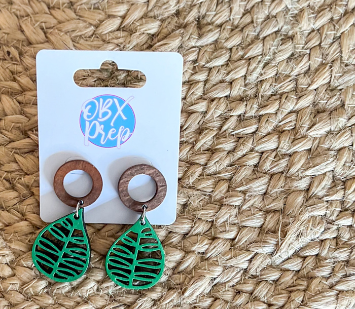 Hand-Painted Green Leaf Earrings with Hollow Circle Stud Toppers