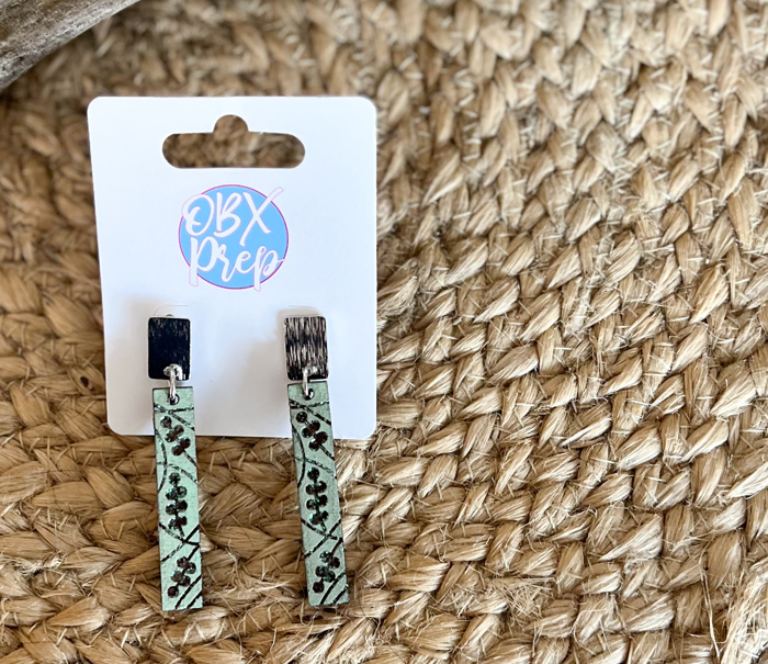 Hand-Painted Sage Mint Floral Dangle Wood Earrings with Glitter Embossing