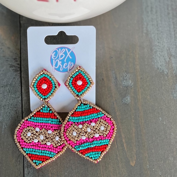 Pink Christmas Ornament Seed Beaded Earrings - OBX Prep Exclusives