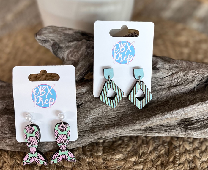 Mermaid Tail Hand Painted Wood Earrings with Faux Pearl Stud Toppers 