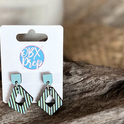 Hand-Painted Diamond-Shaped Coastal Blue Striped Earrings