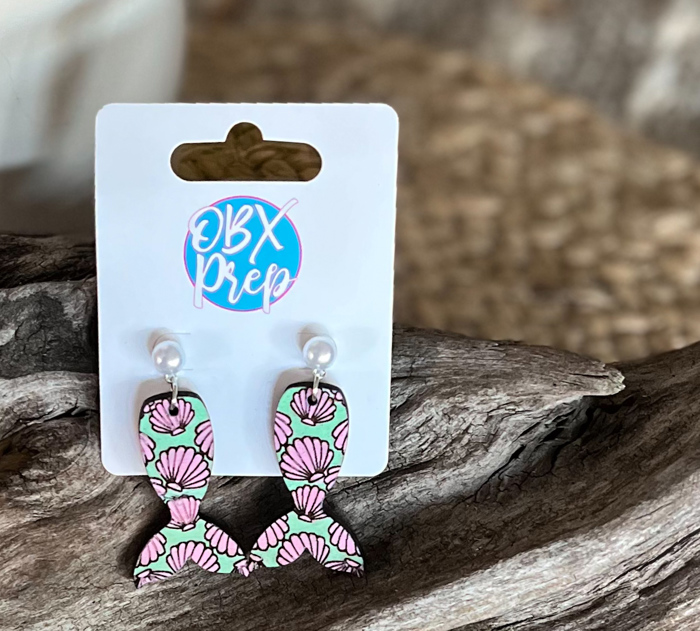 Mermaid Tail Hand Painted Wood Earrings with Faux Pearl Stud Toppers 