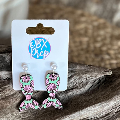 Mermaid Tail Hand Painted Wood Earrings with Faux Pearl Stud Toppers 