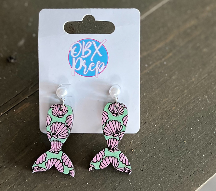 Mermaid Tail Hand Painted Wood Earrings with Faux Pearl Stud Toppers 