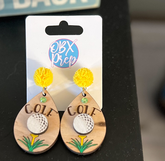 Hand-Painted Golf Wood Earrings with Woven Yellow Stud Toppers