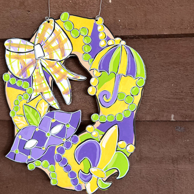Hand-Painted Mardi Gras King Cake Door Hanger – Festive & Fun