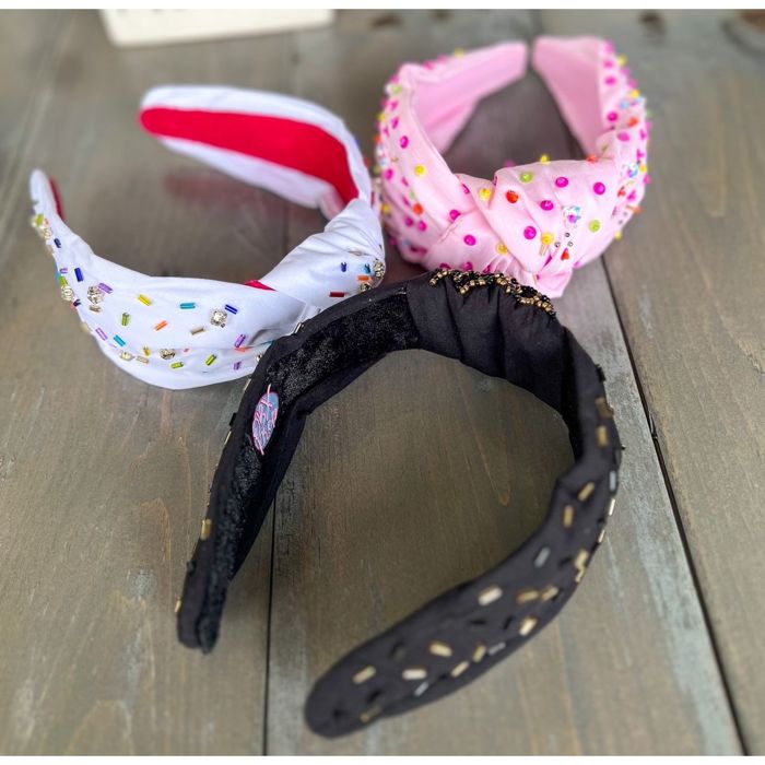 Confetti Beaded Top Knot Headband in Pink, Black and Gold, and White Multi-Colors