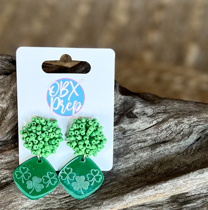 Handmade Green Acrylic Shamrock Earrings w Beaded Stud Topper – Festive & Lucky! 🍀✨