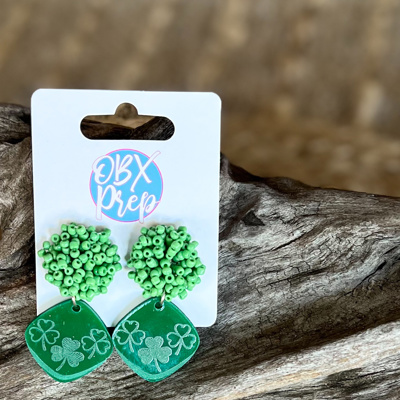 Handmade Green Acrylic Shamrock Earrings w Beaded Stud Topper – Festive & Lucky! 🍀✨