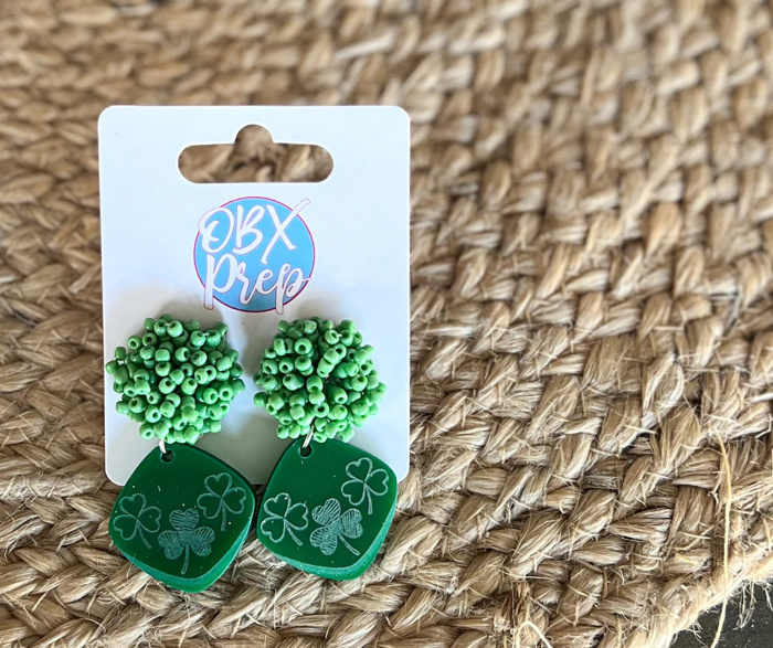 Handmade Green Acrylic Shamrock Earrings w Beaded Stud Topper – Festive & Lucky! 🍀✨