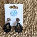 Scalloped Damask Handmade Outer Space Acrylic Earrings – Black Glitter Elegance ✨🌌