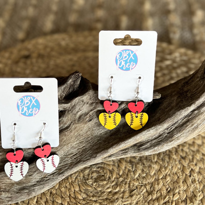 Hand-Painted Softball & Baseball Heart Dangle Earrings – Game Day Ready! ⚾💛