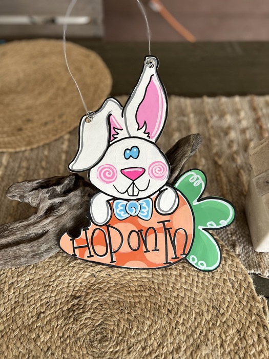 Hand-Painted "Hop On In" Bunny & Carrot Door Hanger – Whimsical Easter Decor! 🐰🥕✨