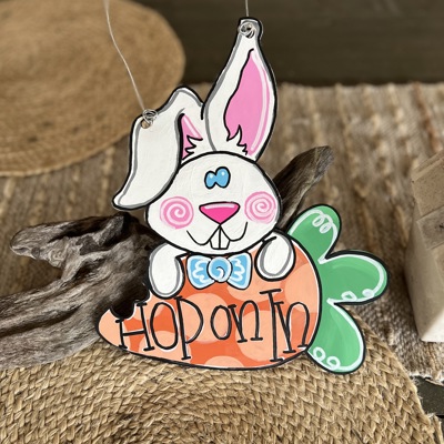 Hand-Painted "Hop On In" Bunny & Carrot Door Hanger – Whimsical Easter Decor! 🐰🥕✨