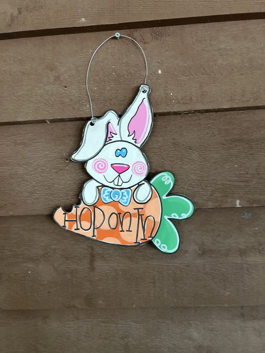 Hand-Painted "Hop On In" Bunny & Carrot Door Hanger – Whimsical Easter Decor! 🐰🥕✨