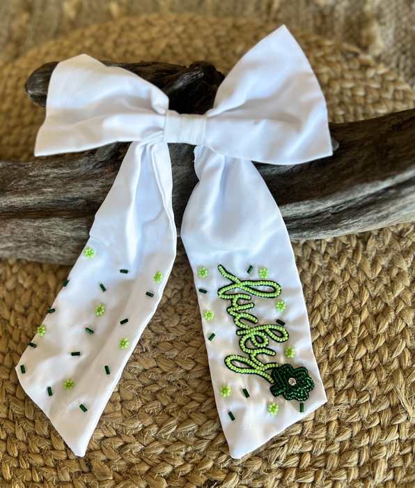 Lucky Shamrock Beaded Alligator Clip Hair Bow – Handcrafted Elegance for St. Patrick’s Day 🍀✨