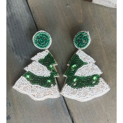 Christmas Tree with Snow Seed Beaded Drop Earrings