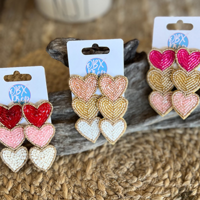 Triple Hearts Seed Bead Dangle Earrings 