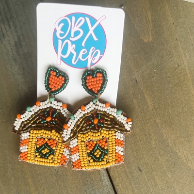Gingerbread House Seed Beaded Dangle Earrings 