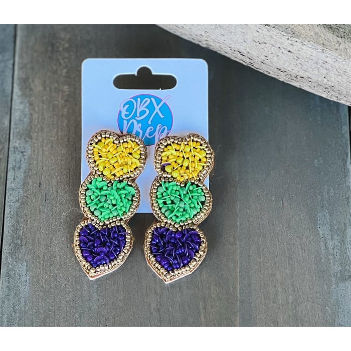 Mardi Gras Triple Hearts Seed Beaded Dangle Earrings